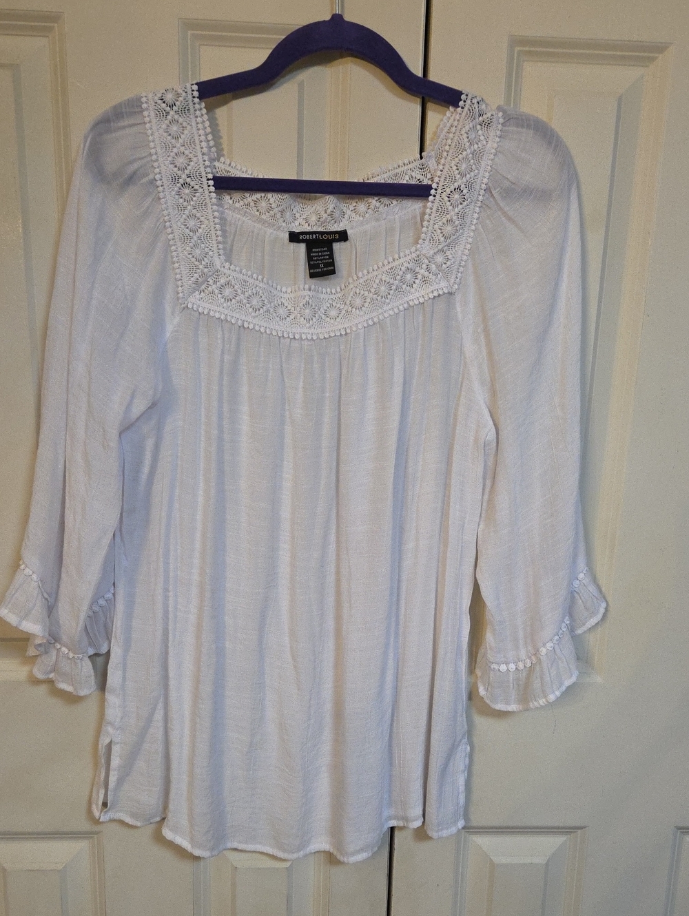 Robert Louis White Crochet Square-Neck Peasant Blouse